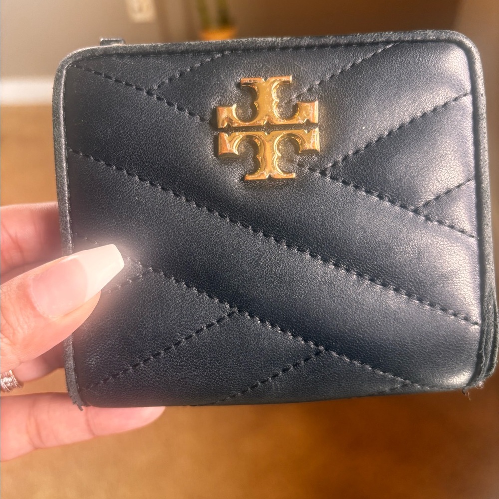 Tory Burch Black Quilted Leather Zip Wallet with Gold Logo